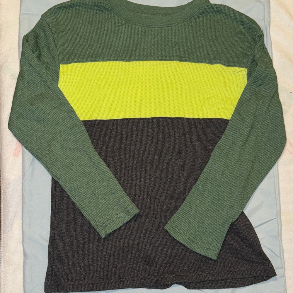 Kids Long Sleeve Shirt with Green, Yellow, and Gray Stripes